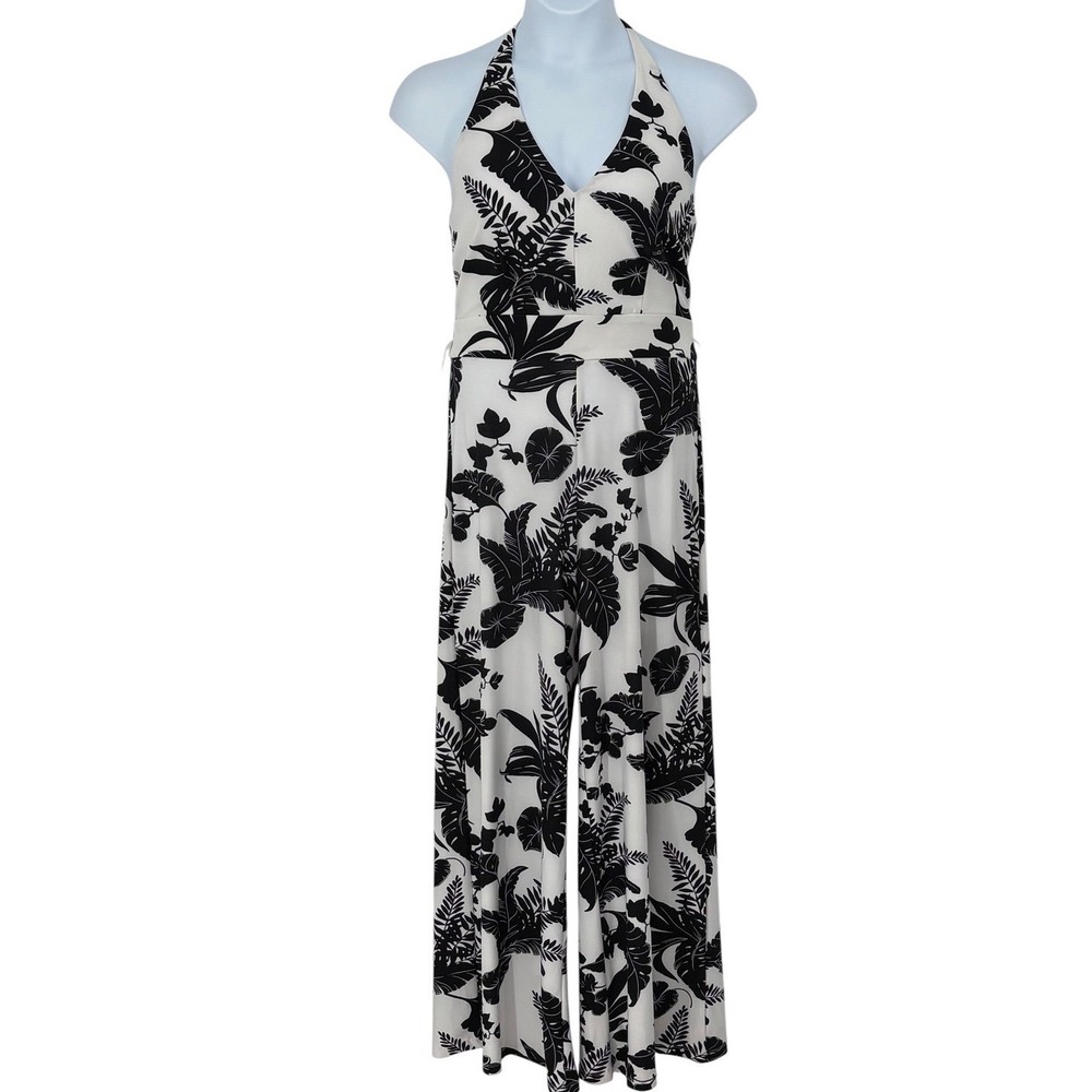 New‎ York & Company Jumpsuit White Black Tropical Palm Halter Wide Leg Size 8